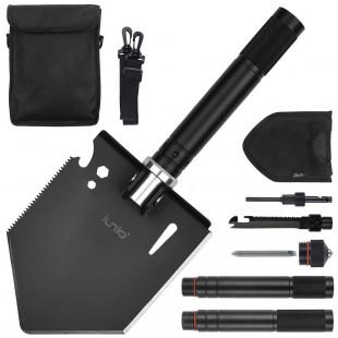 IUNIO Portable Folding Shovel 28 inch Length with Carrying Pouch Multitool Spade for Camping Hiking Backpacking Entrenching Car Emergency (Black Upgrade) 